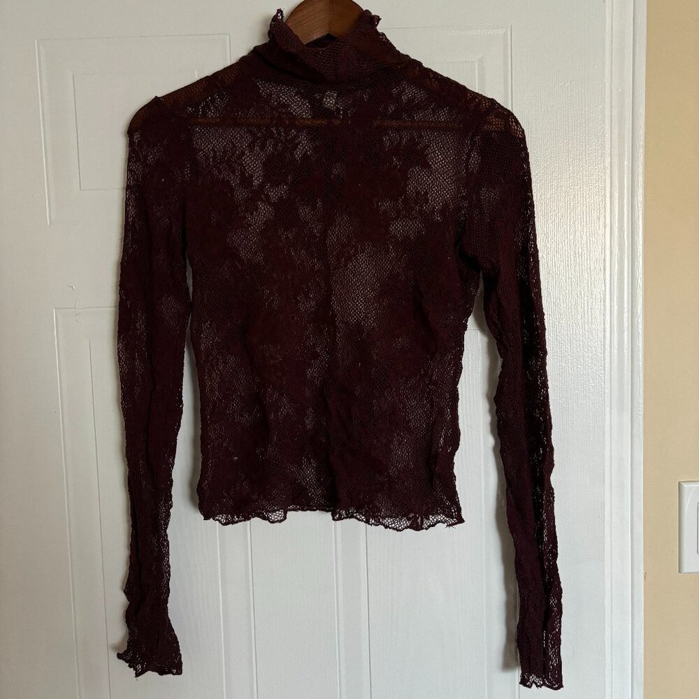 Free People Maroon Lace Sheer Turtleneck Top